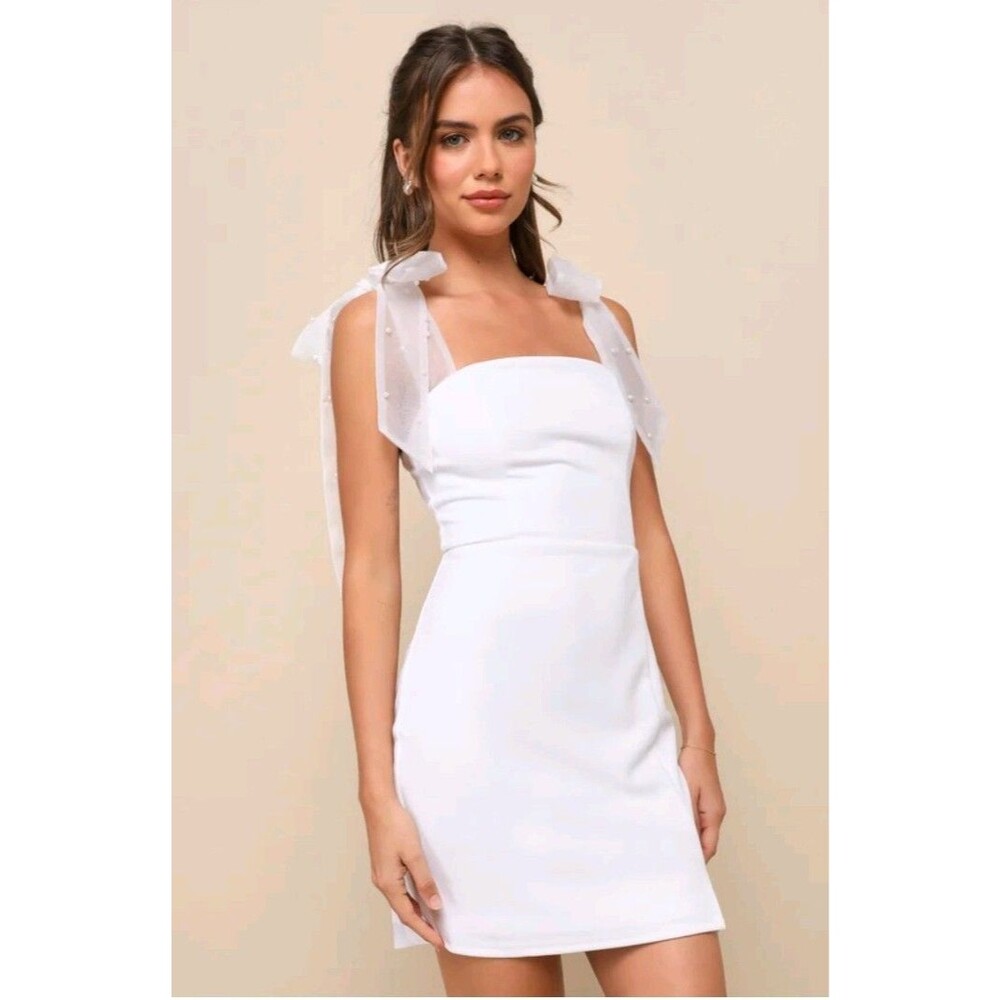 Lulus White Sleeveless Cowl Neck Mini dress Pearl Chiffon Straps L